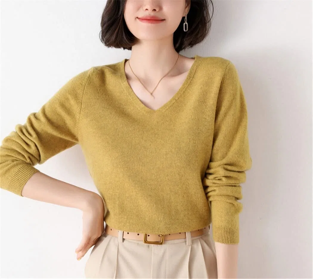Maglione lavorato a maglia All-Match con scollo a V in lana da donna autunno inverno, Beige, XL