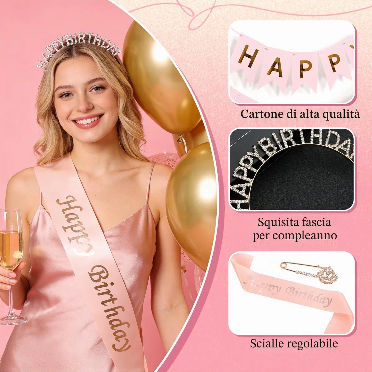 Kit Fascia e Coroncina Compleanno, Fascia e Corona Compleanno, Strass Tiara Corona, Fasce, Scritta Happy Birthday, Spilla Strass, per Ragazza Donna Decorazioni Compleanno Festa (Rosa)