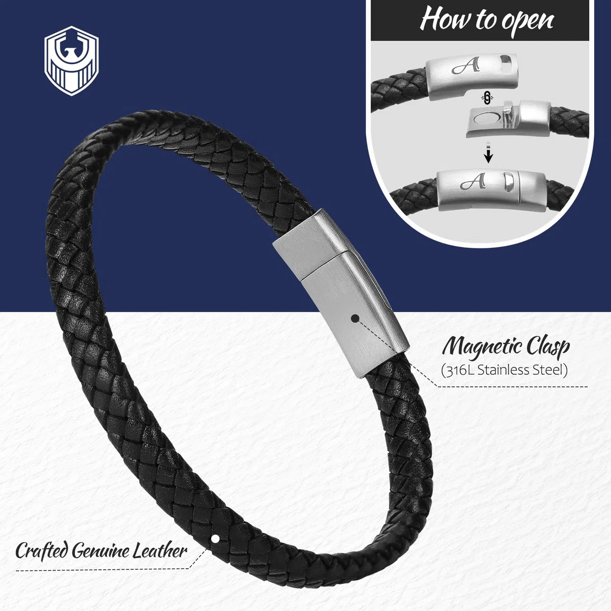 Bracciale da uomo in pelle con iniziali A-Z, braccialetto in pelle intrecciata con chiusura magnetica in acciaio inossidabile inciso, Cofanetto Gioielli Esclusivo