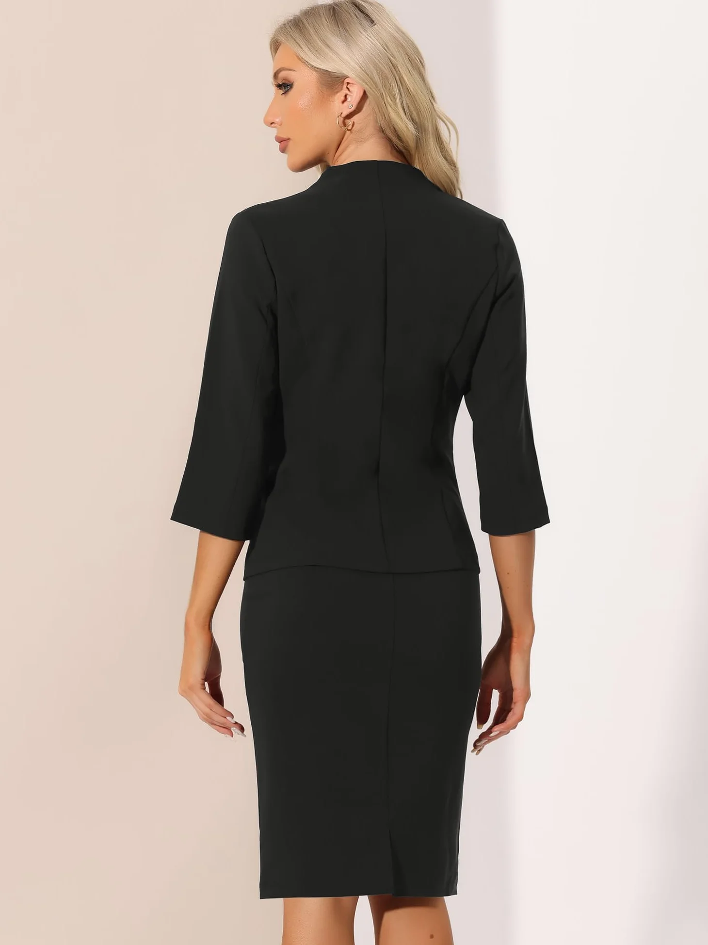 Allegra K Donna Set Gonna da Lavoro per Gonna A Tubino Blazer Senza Colletto in 2 Pezzi da Ufficio Nero M