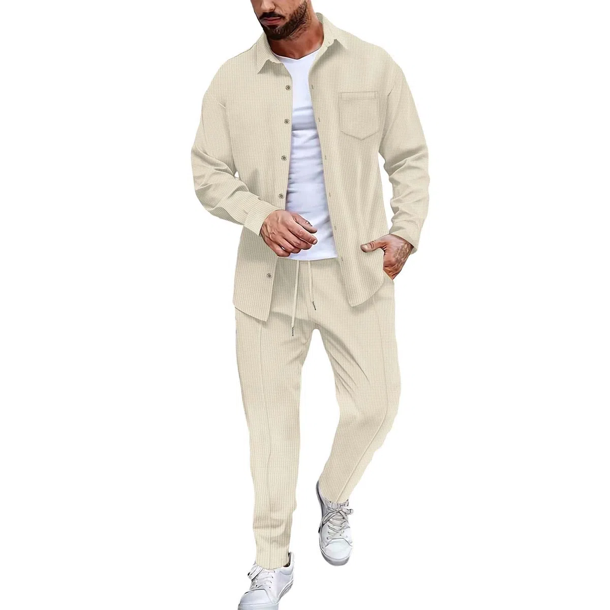 Generisch Set di tuta da uomo per il tempo libero, tinta unita, comodo, tuta da jogging, 2 pezzi, tuta da uomo, abbottonatura, alla moda, a maniche lunghe, con motivo a nido d'ape