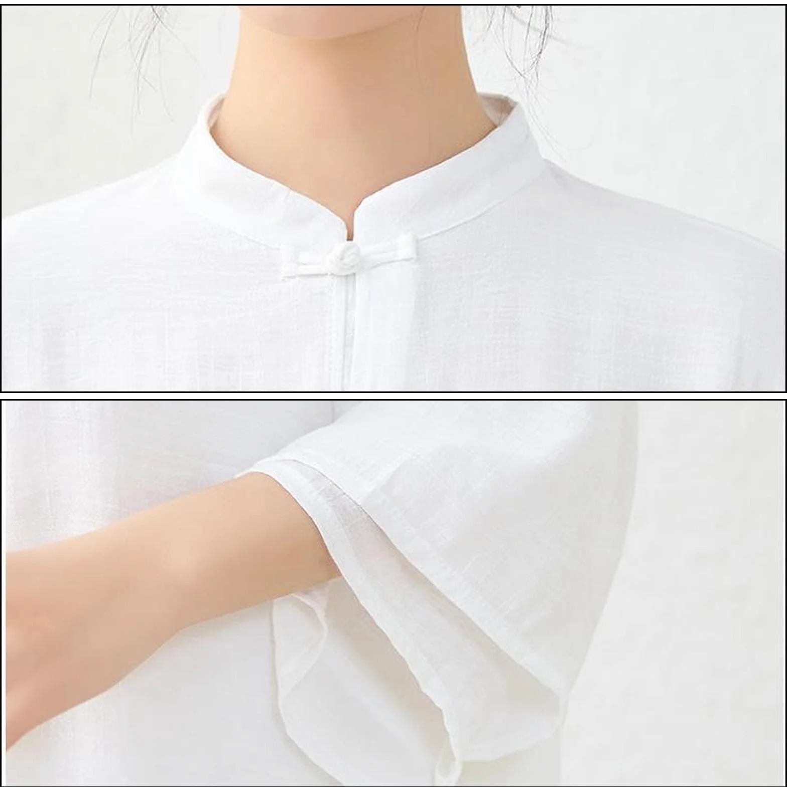 Abbigliamento Tai Chi Donna Seta e Lino Kung Fu Uniforme Stile Cinese Meditazione Zen Casual Maniche a Tre Quarti Esercizi Mattutini Vestito per Le Donne,White-M