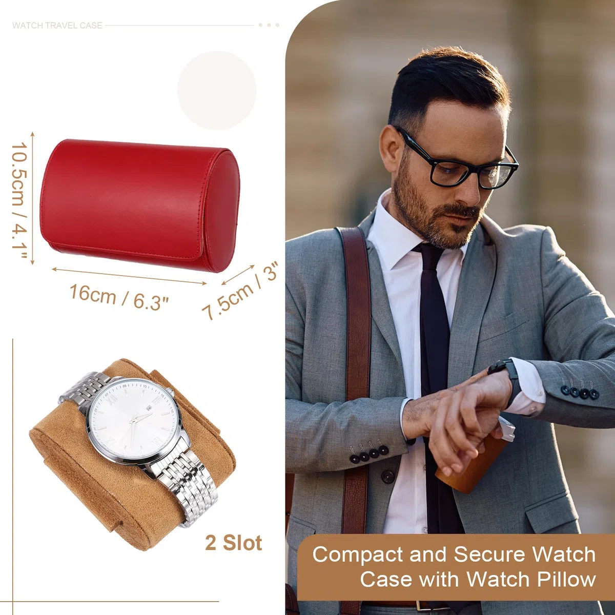 Custodia da viaggio per orologio da uomo in pelle, astuccio arrotolabile per orologio, scatola portaoggetti portatile per orologio, ideale per Natale, compleanno e anniversario, con 2 scomparti (ros