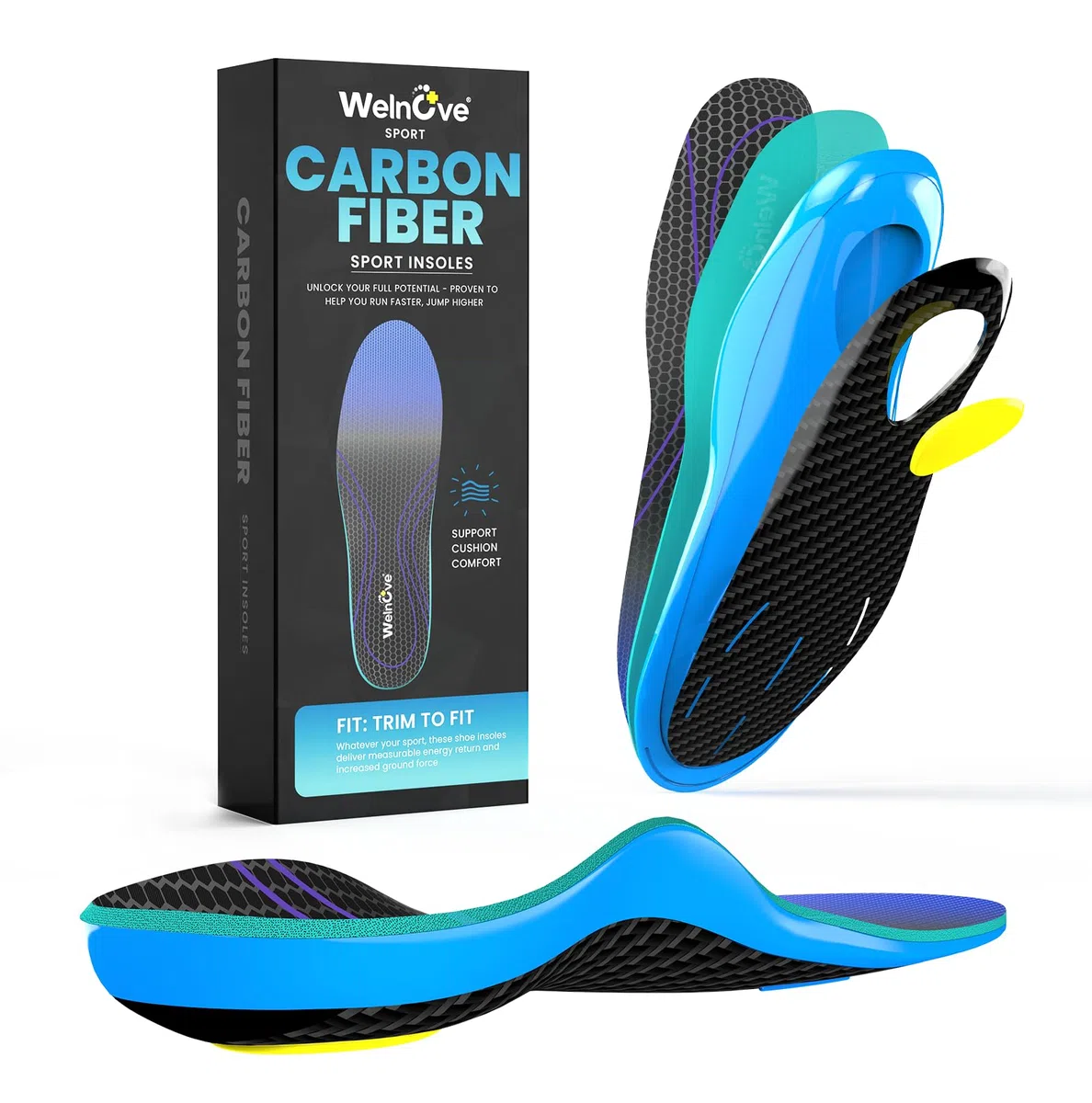 Welnove Solette Sportive in Fibra di Carbonio con Supporto Arco Plantare e Ammortizzanti | Ideali per Sport Intensi | Ritorno Energetico & Massimo Comfort-2XL: 45-46.5 Men Women