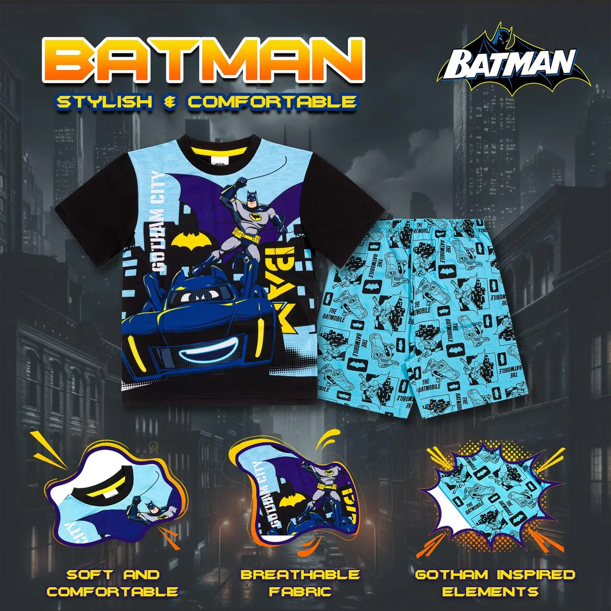 DC Comics Pigiama da ragazzo Batman, set pigiama corto Batman, biancheria da notte in cotone, abbigliamento da notte per bambini da 2-3 a 7-8 anni