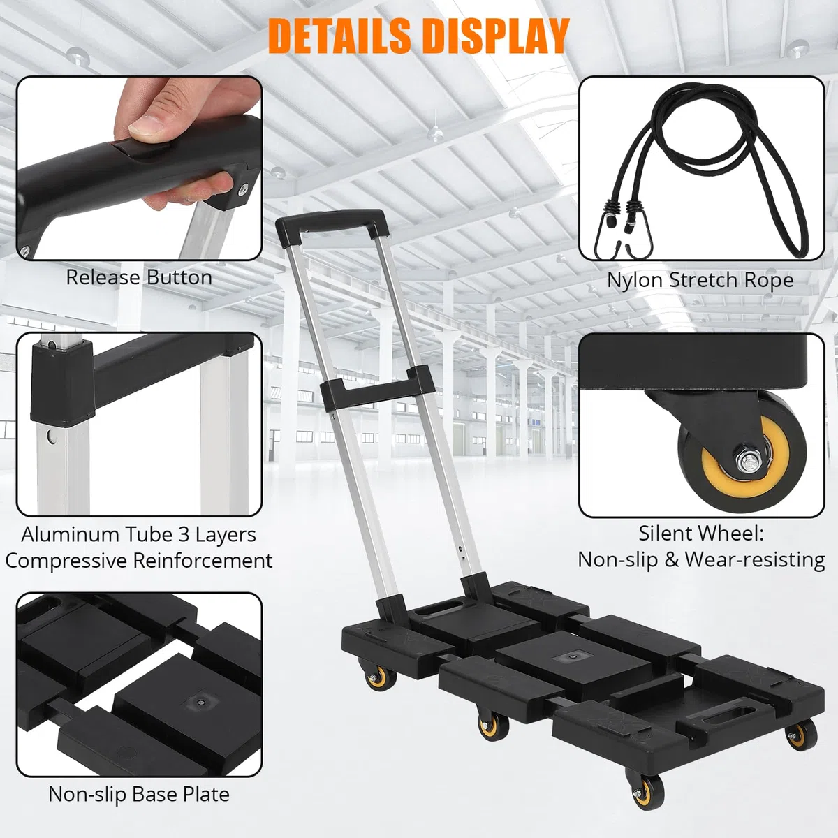Carrello a mano pieghevole, carrello per bagagli con capacità di 500 libbre, pieghevole portatile con 6 ruote e 2 corde elastiche, maniglia regolabile, carrello per bagagli, personale, viaggi, auto,