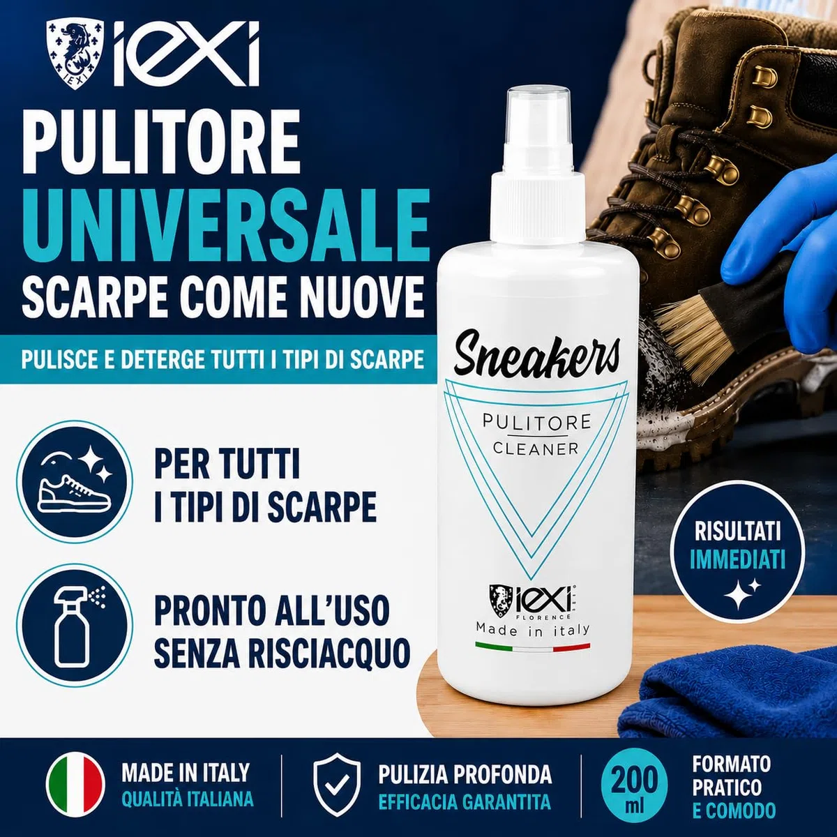 IEXI Pulisci Scarpe Universale, Pulitore e Detergente Spray, Made in Italy - Detergente per Tutte le Scarpe: Pelle, Camoscio, Materiali misti, Sneakers e Trekking - Pronto all'uso Rimuove Macchie
