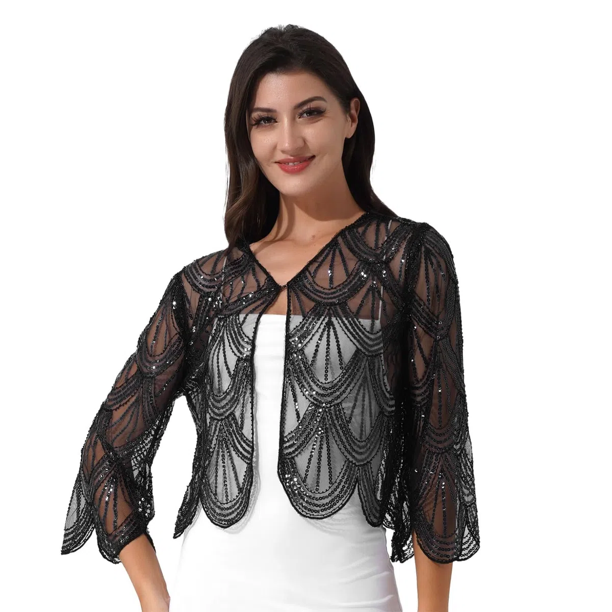 Freebily Coprispalle Donna Cardigan in Pizzo Elegante Giacca con Paillettes Bolero da Cerimonia Matrimonio Top Leggero Orlo Irregolare Abito da Sera Club Cocktail
