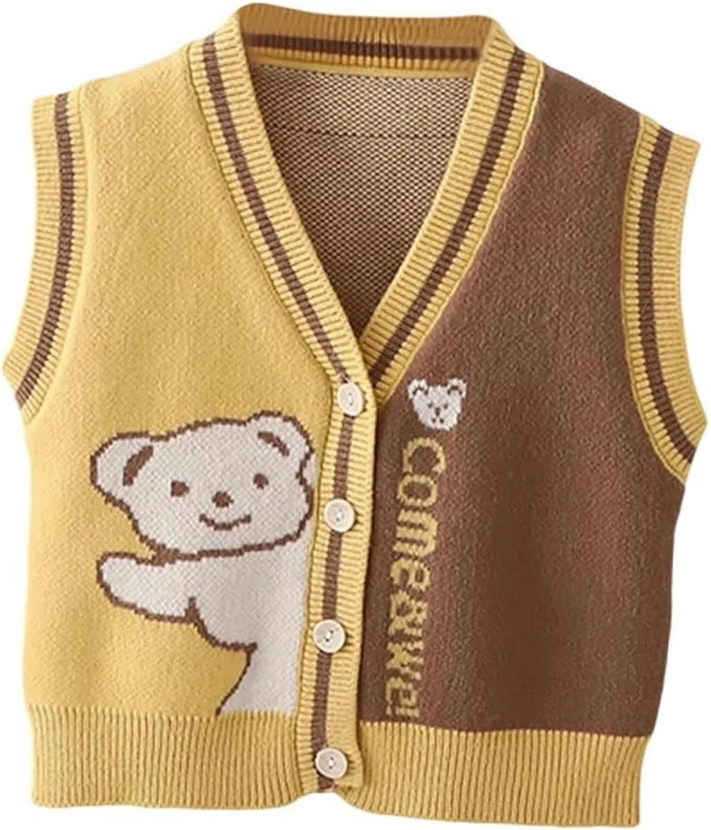 Gilet a Maglia Bambini con Bottoni Gilet Abbottonato per Bimbi Cardigan con Scollo a V Stampa Orso Carino Unisex 6 Mesi-5 Anni Autunno Primavera