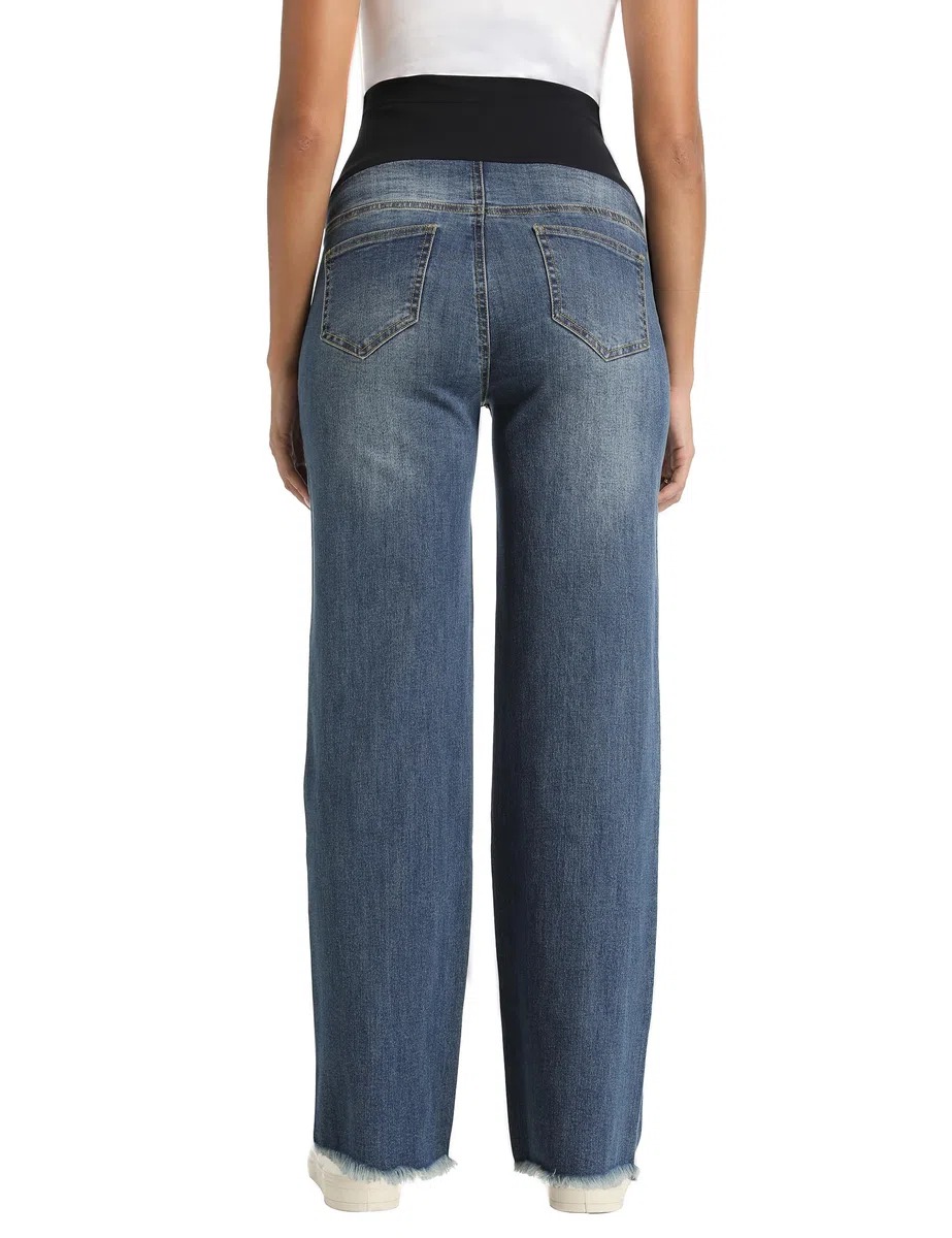Jeans premaman da donna sopra la pancia, gamba dritta, orlo grezzo, jeans premaman con tasche