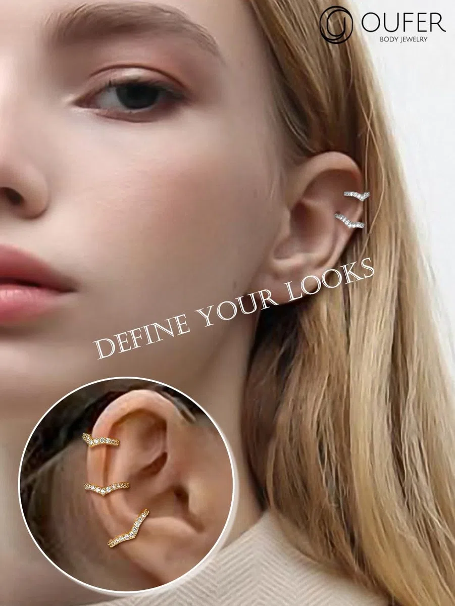 OUFER Cartilage Helix Earring Hoop 16G V-Shaped Orbital Conch Ring Gold Silver Tragus Rook Daith Piercings Jewellery Clicker CZ Snug Surgical Steel Forward Top of Ear Septum Nose Ring,8 10 12mm