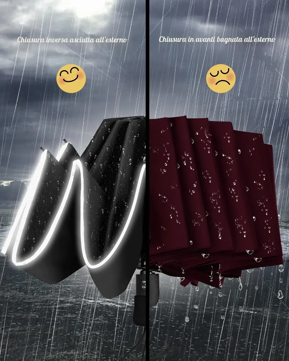 Ombrello Pieghevole Pioggia da Viaggio con strisce riflettenti - Ombrelli inverso Portatile per uomo e donna Automatico Apri Chiudi, Rivestimento in 210T Apertura 105 cm 8 Stecche