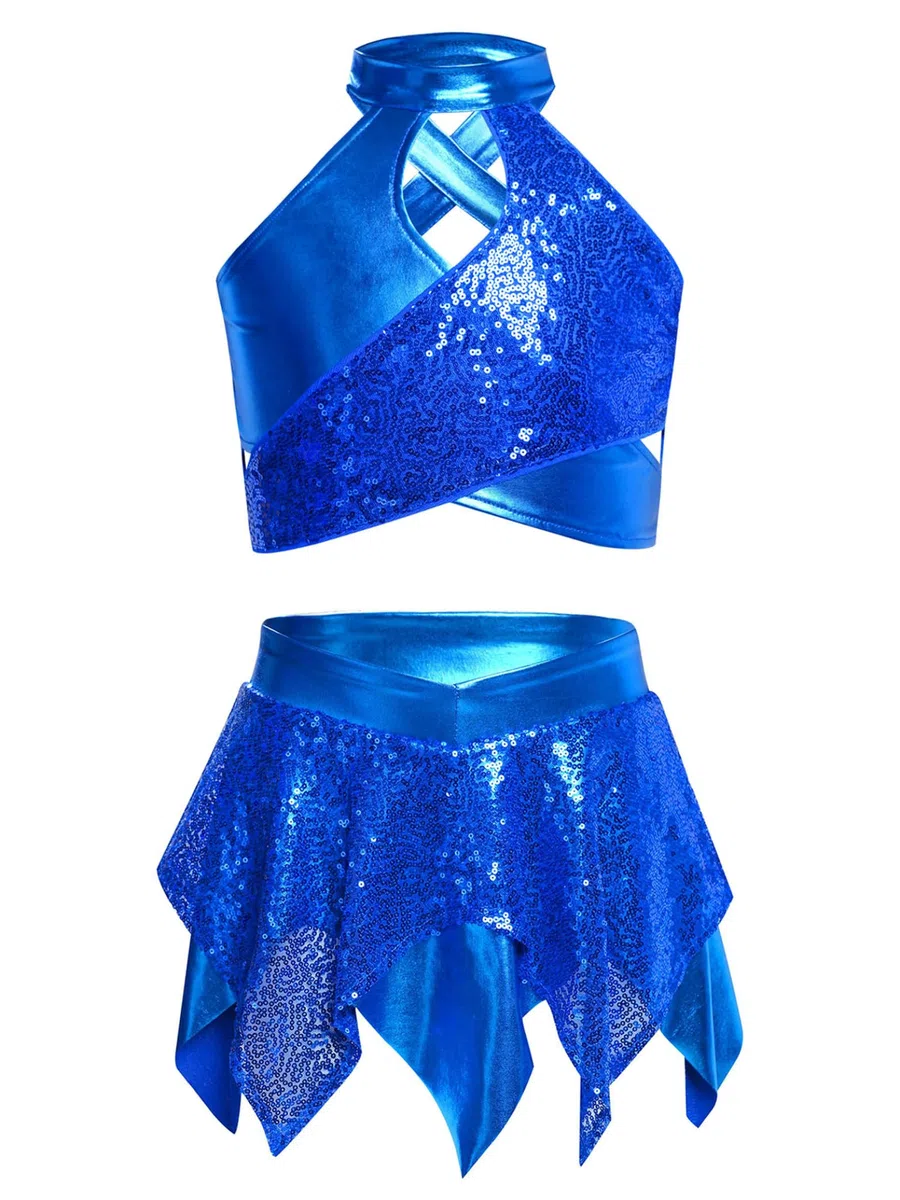 Yhong 2 Pezzi Tuta da Danza Bambina in Paillettes Senza Maniche Crop Top + Gonna Completo da Ballo di Strada Dancewear