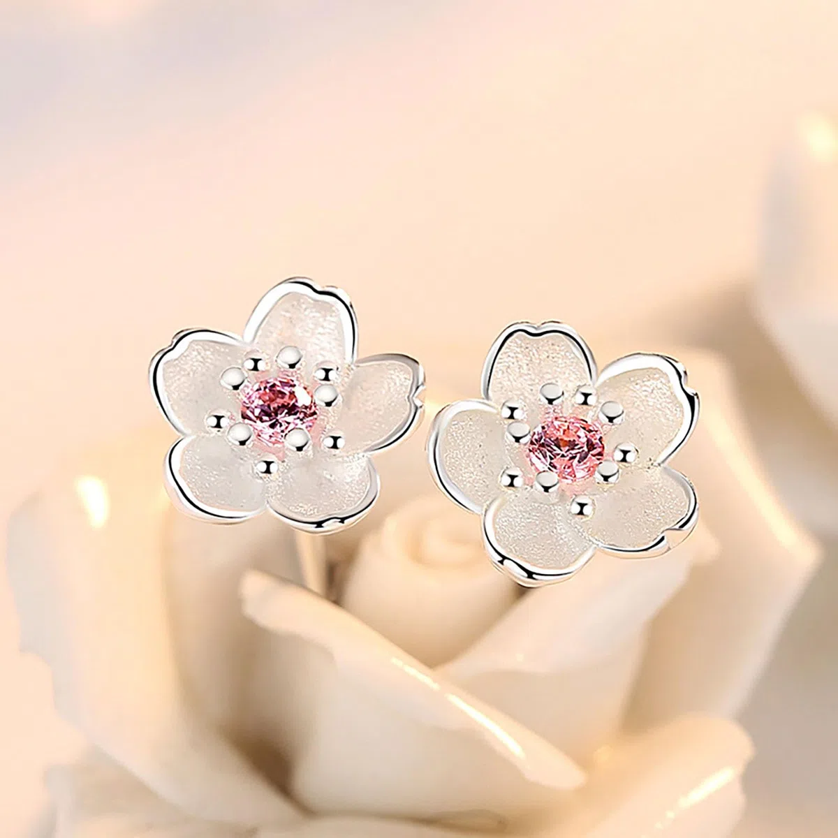 2 Paia Piccoli Orecchini Fiore Argento 925 per Donna Ragazze Bambina Orecchino Bottone Zirconi Rosa Orecchini da Donna Argento Fiori di Ciliegio Cartilagine Orecchino a Lobo Anallergici