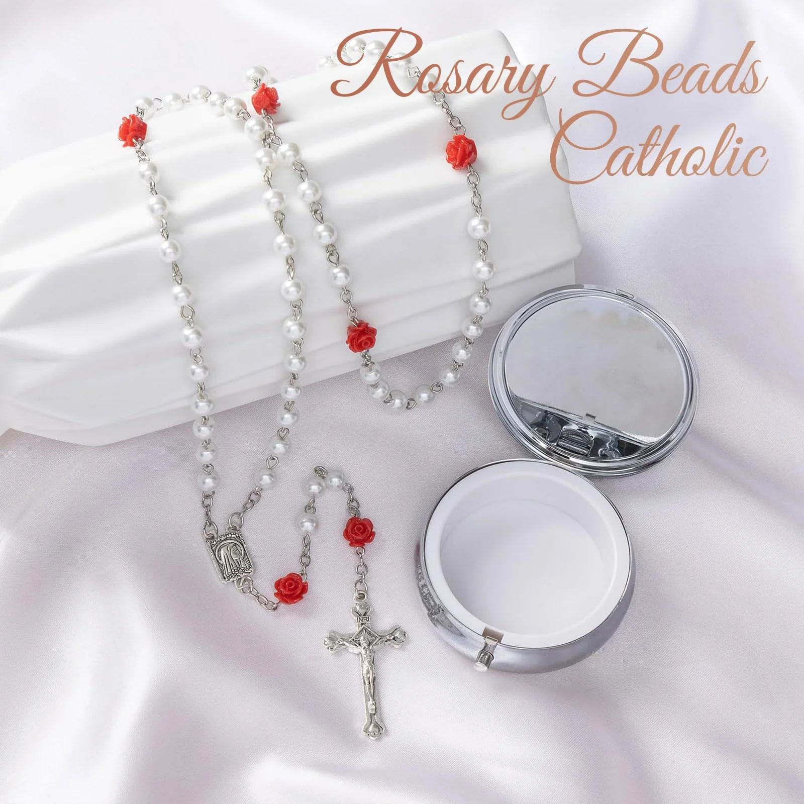 GlamRays Rosariene Pearls Catholic Confirmation Gifts for Teenage Girls Silver Simple Style Metal Gift Box White Imitation Pearl Rosary