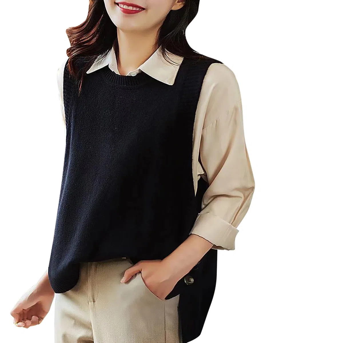 QWUVEDS Maglione senza maniche in maglia retrò con scollo a V, perfetto per la primavera e l'autunno, tinta unita, maglione casual con cappuccio, senza maniche, maglione da donna beige