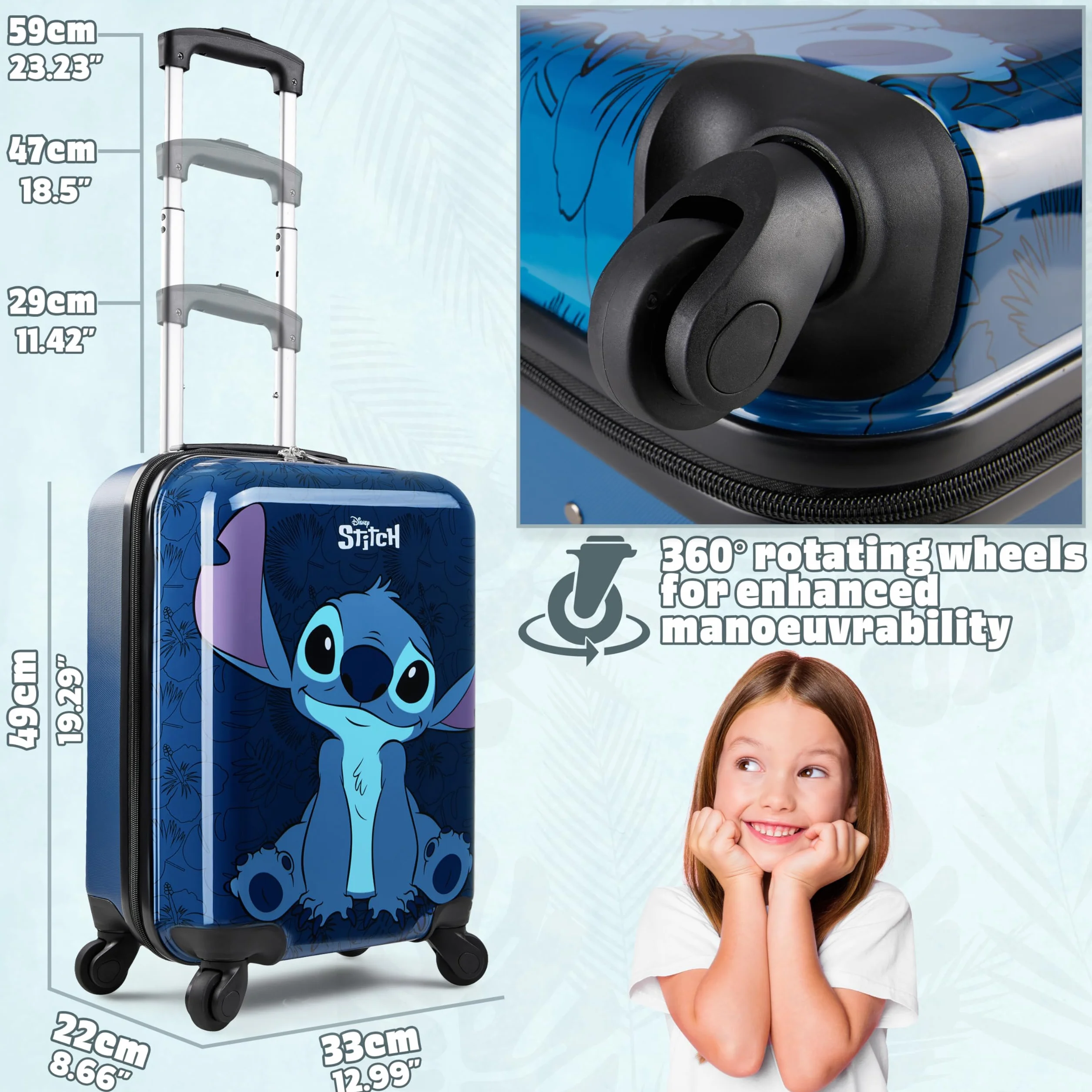 Disney Stitch Valigia Rigida 49 Centimetri 30 Litri con 4 Ruote - Regalo per Bambini (S (L49cm x W33cm - 30L), Marina)