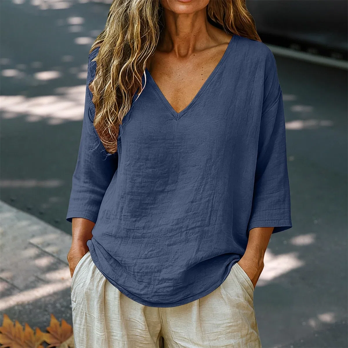 Magliette Donna Manica Corta 3/4 Lino Cotone Scollo a V Camicette Elegante Camicia Donna Estiva Curvy Blusa Leggera e Comode Casual Maglia Donne Maglietta Versatile Traspirante Abbigliamento Oversize