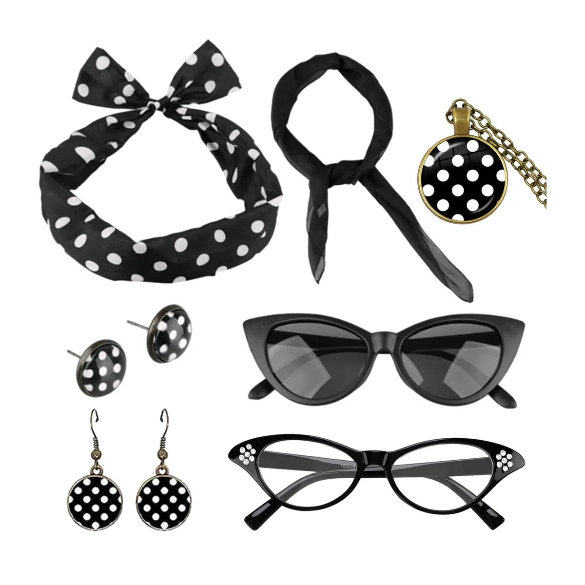 Anni Compleanno Donna - Set di Accessori Vintage per Feste degli Anni '50, 7 Pezzi Completo con Cravatte, Vestiti Grease e Accessori Unisex
