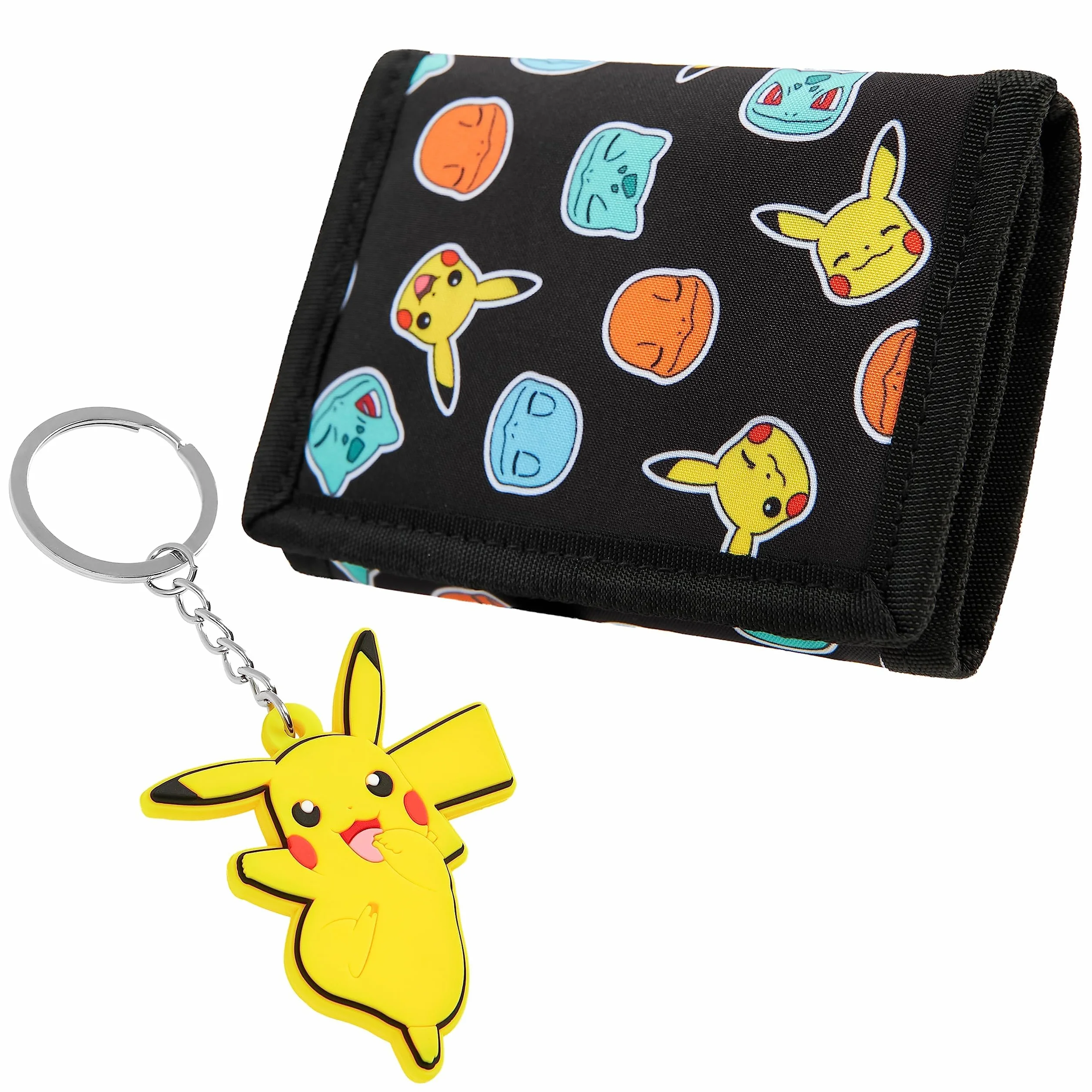Pokémon Portafoglio Bambino Pikachu Portafogli Ragazzo Trifold con Porta Carta D'identità Portamonete Bambino e Anello Portachiavi Divertenti (Nero/Giallo)