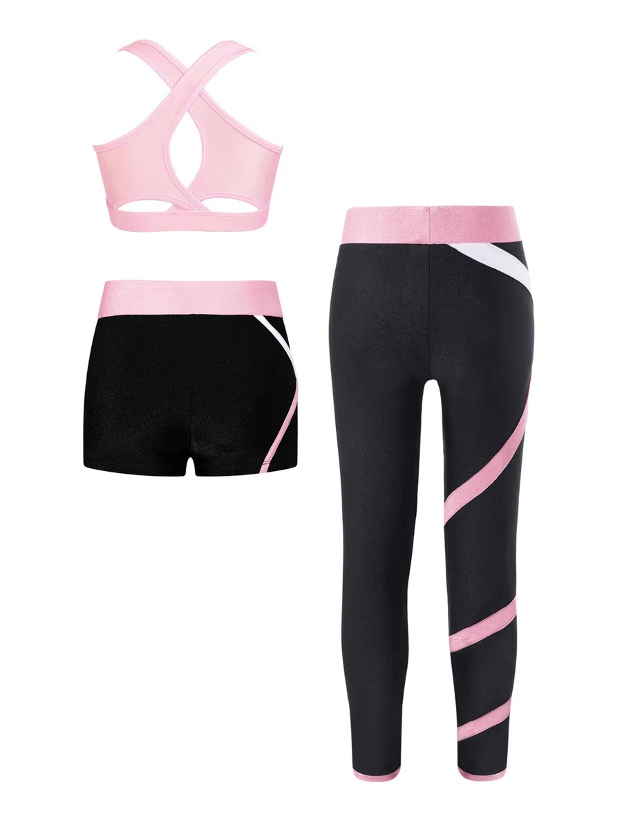 3-Set Completo Sportivo Bambina Tuta Ginnastica Artistica Crop Top Reggiseno Sportivo + Pantaloni da Jogging Leggings Sportivi + Pantaloncini Sportwear