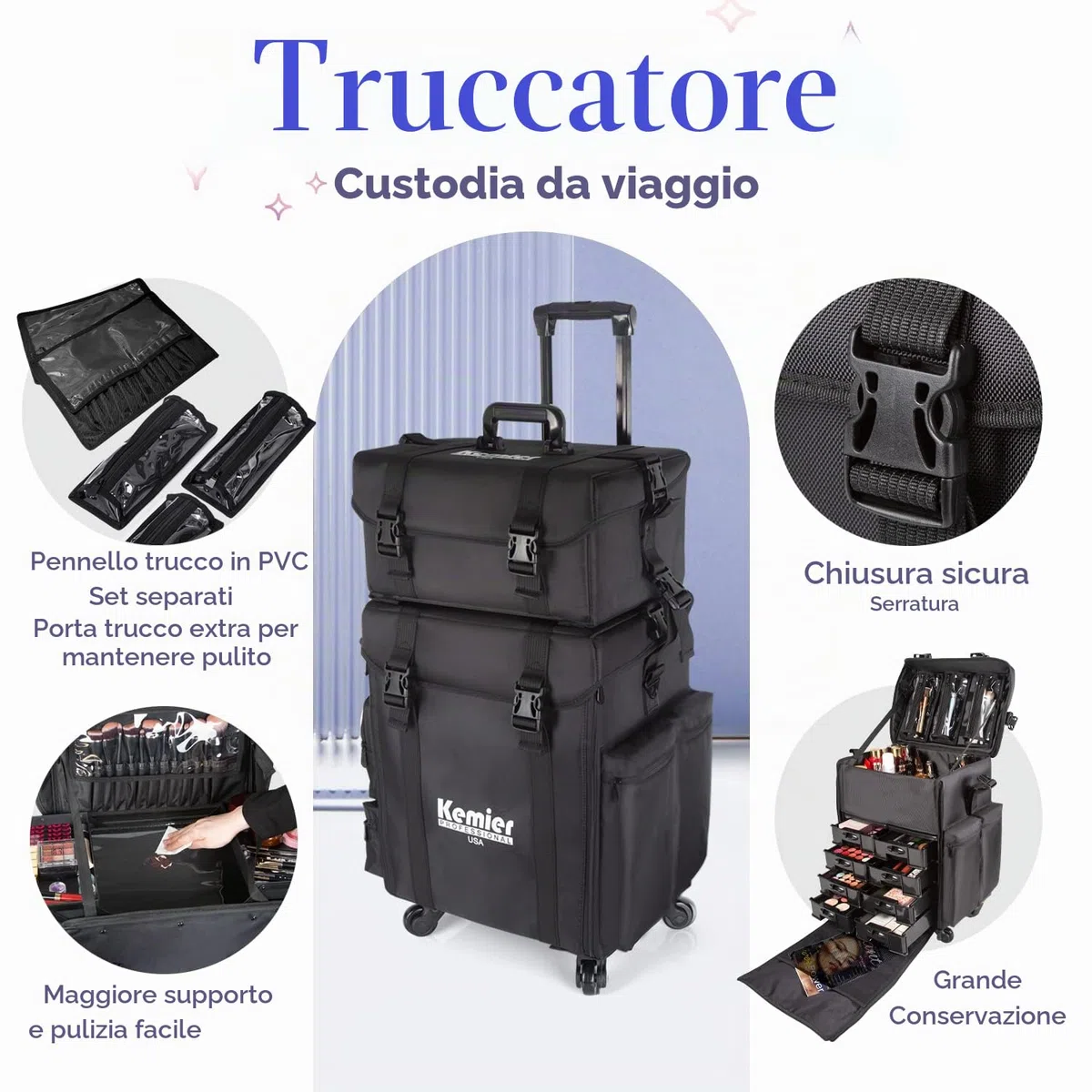 Valigetta per il trucco con ruote omnidirezionali 2 in 1 con lato morbido professionale, valigetta per il trucco con ruote, organizer per cosmetici con cassetti,Nero