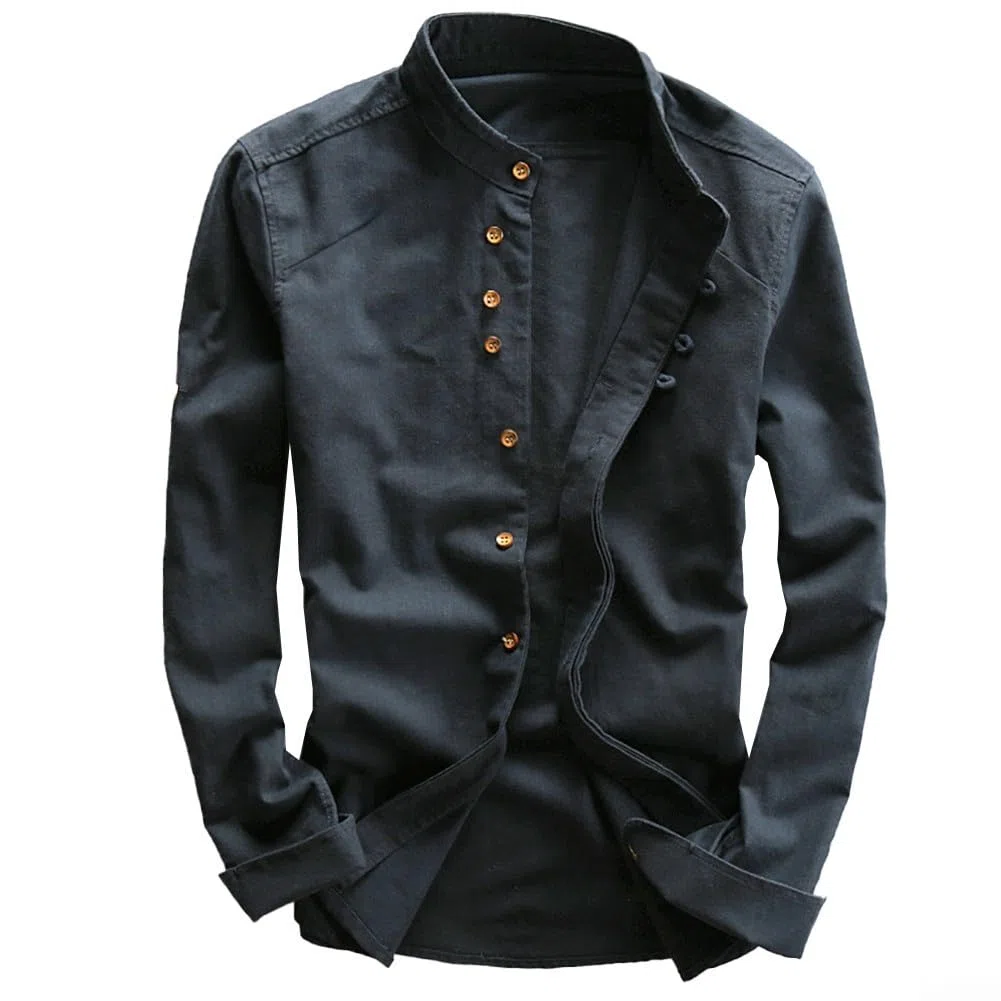 Camicia da uomo a maniche lunghe in cotone e lino, look professionale, con colletto alla coreana su misura (M, blu navy)