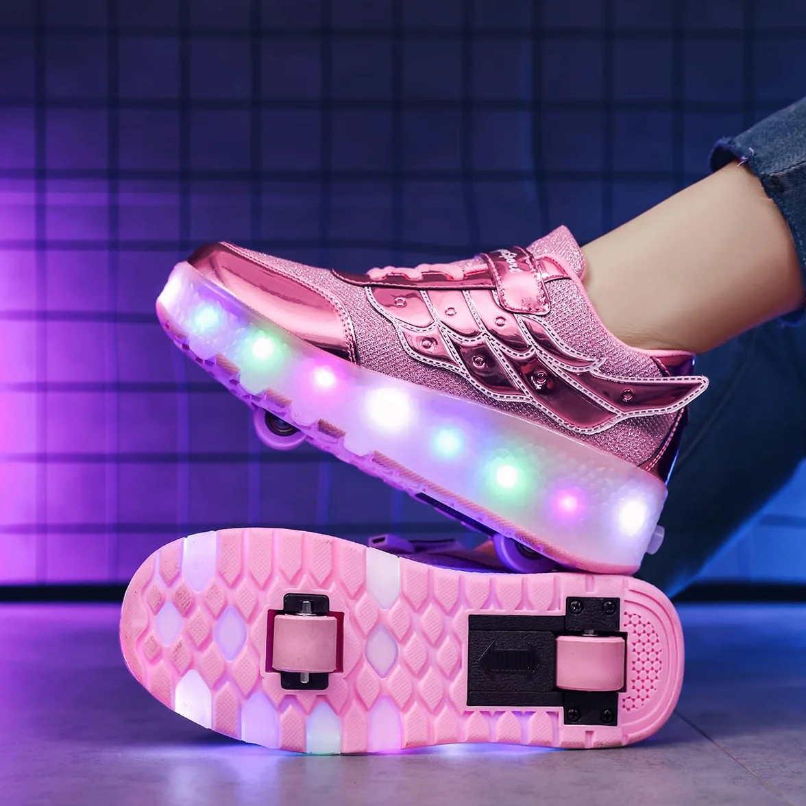 USB Ricarica LED Luci Brillantini Skateboard Scarpe Sportive con Rotelle Retrattile Sneakers Outdoor Multisport Luminose Running Calzature da Ginnastica per Bambini Ragazze e Ragazzi