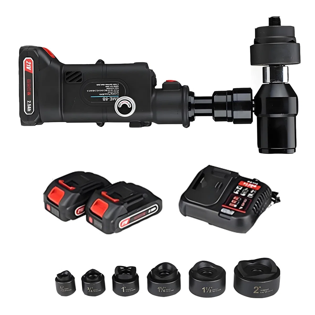 Kit di punzonatrice idraulica con 6 matrici, utensile punzonatore a Batteria Senza Fili da 21 V 2,5 Ah, Corsa di 22 mm per Metallo e Pannelli elettrici. (AutomaticOilReturn)