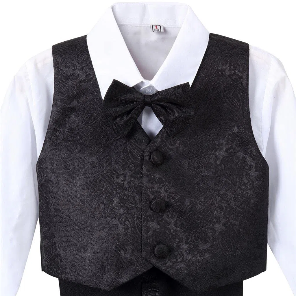 Lito Angels Smoking Completo Elegante per Bimbo Bambino, Set 5 Pezzi (Giacca, Gilet, Camicia, Papillon e Pantaloni) Nero Bianco Avorio 96 92 98 104