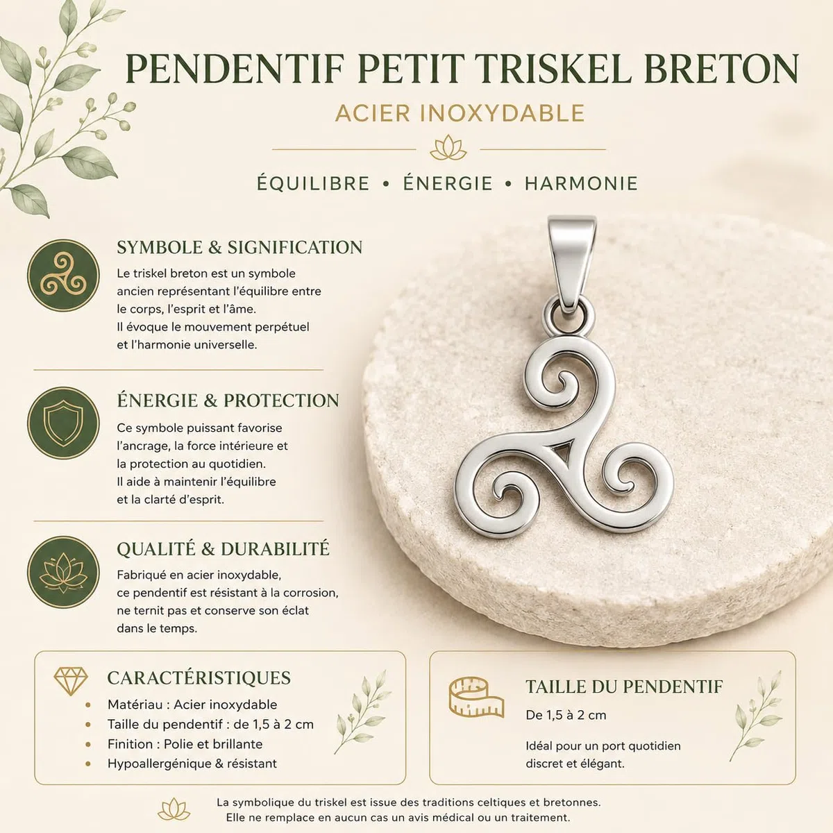 Ciondolo piccolo Triskel bretone in acciaio inossidabile – Triskelion Celtico simbolo energetico di protezione e armonia – gioiello unisex spirituale (catena non inclusa)