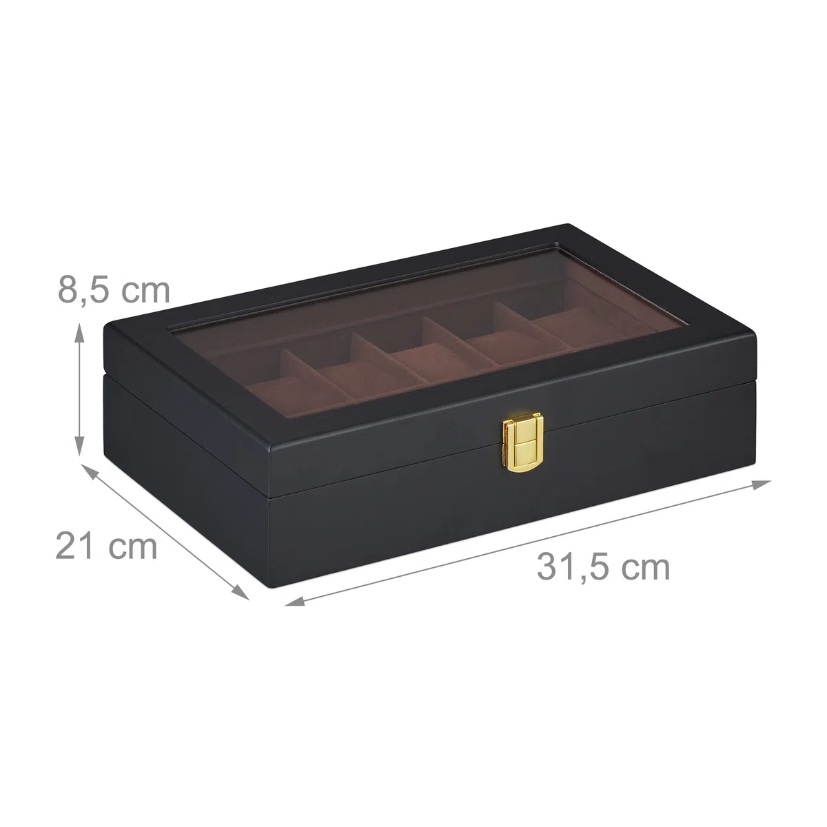 Relaxdays Porta Orologi, 12 Scomparti, Finestrella in Vetro, Cuscini in Velluto, 8,5x31,5x21 cm, Cofanetto, Nero Marrone