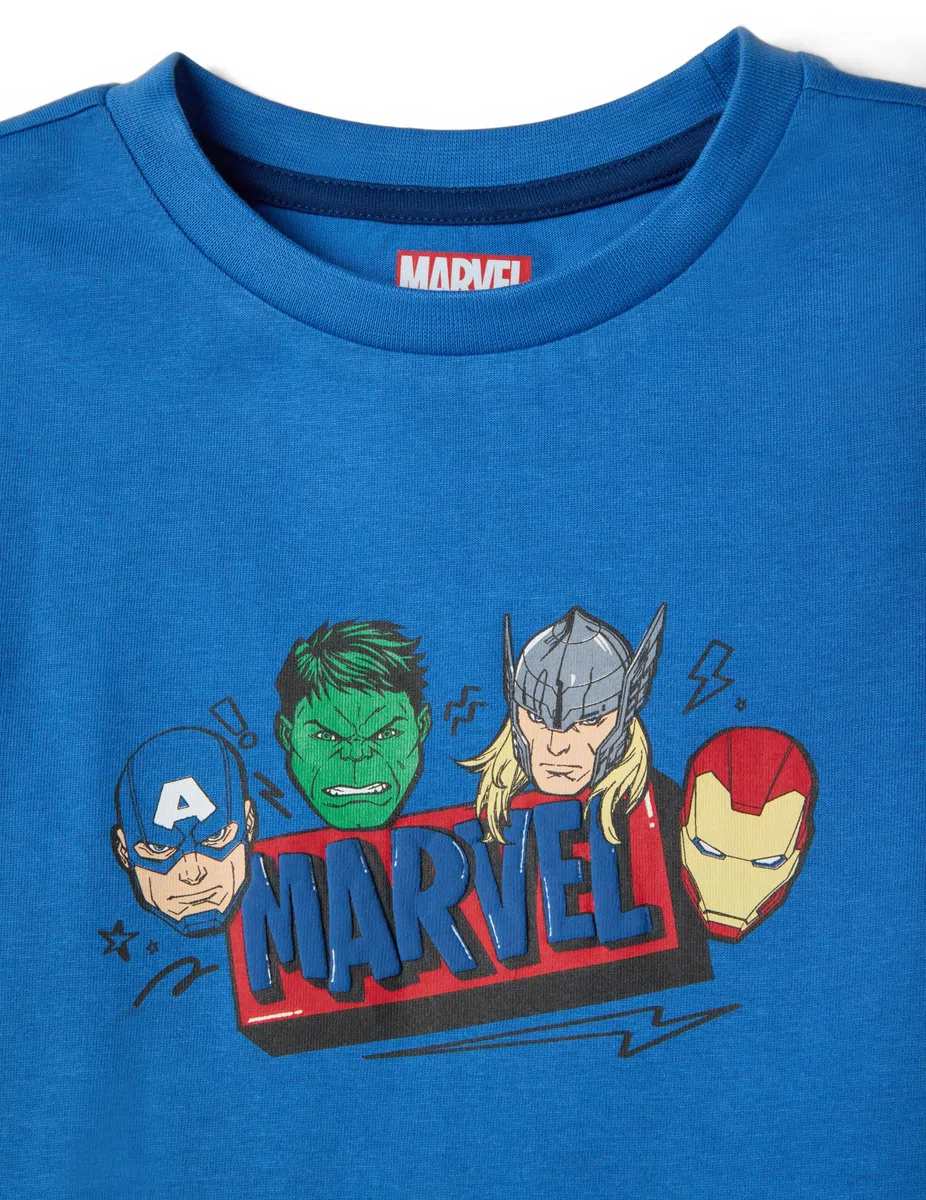 OVS Kids Pigiama Corto in Puro Cotone Blu da Bambino con Stampe Marvel