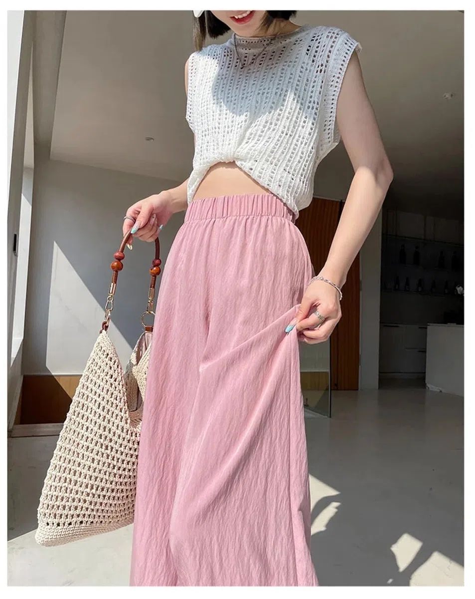Pantaloni da donna a nove punti a gamba larga con cuciture in pizzo pantaloni eleganti larghi dritti a vita alta
