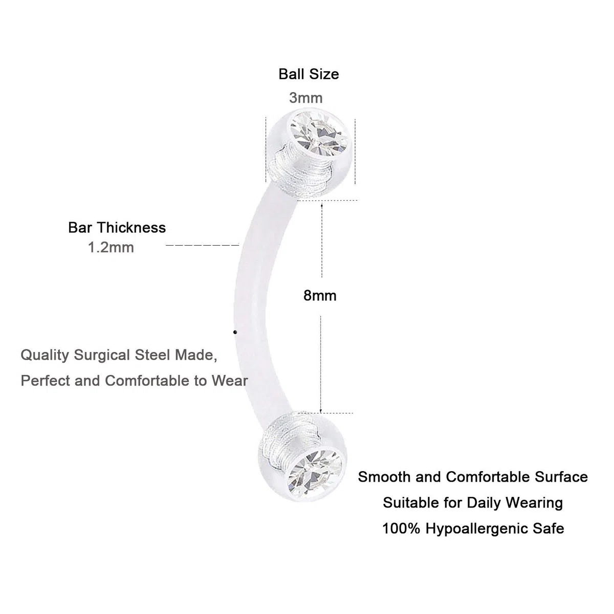 MODRSA Acciaio Chirurgico Piercing 16G - Labbro, Sopracciglia, Ombelico, Anello Helix, Cartilagine Orecchini, Bananen Bar - 6 Pezzi Curvo Barbell