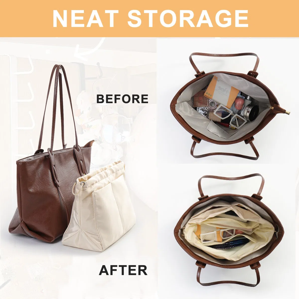 Organizer Borsa Donna, Interno Organizer Borse con Scomparti Multipli e Zip, Organizzatore per Telefoni Cellulari Chiavi Rossetto Tazze d'Acqua Bicchieri, Raso Beige 24 * 17 * 10CM