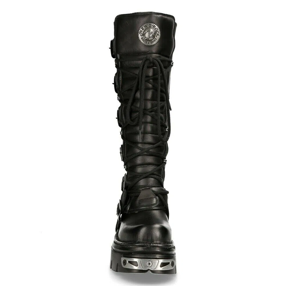 New Rock Stivali Alti fino alle Ginocchia 272-S1 in Pelle Nera Metallizzata con Chiusura con Lacci e Fibbia Stile Emo Gotico