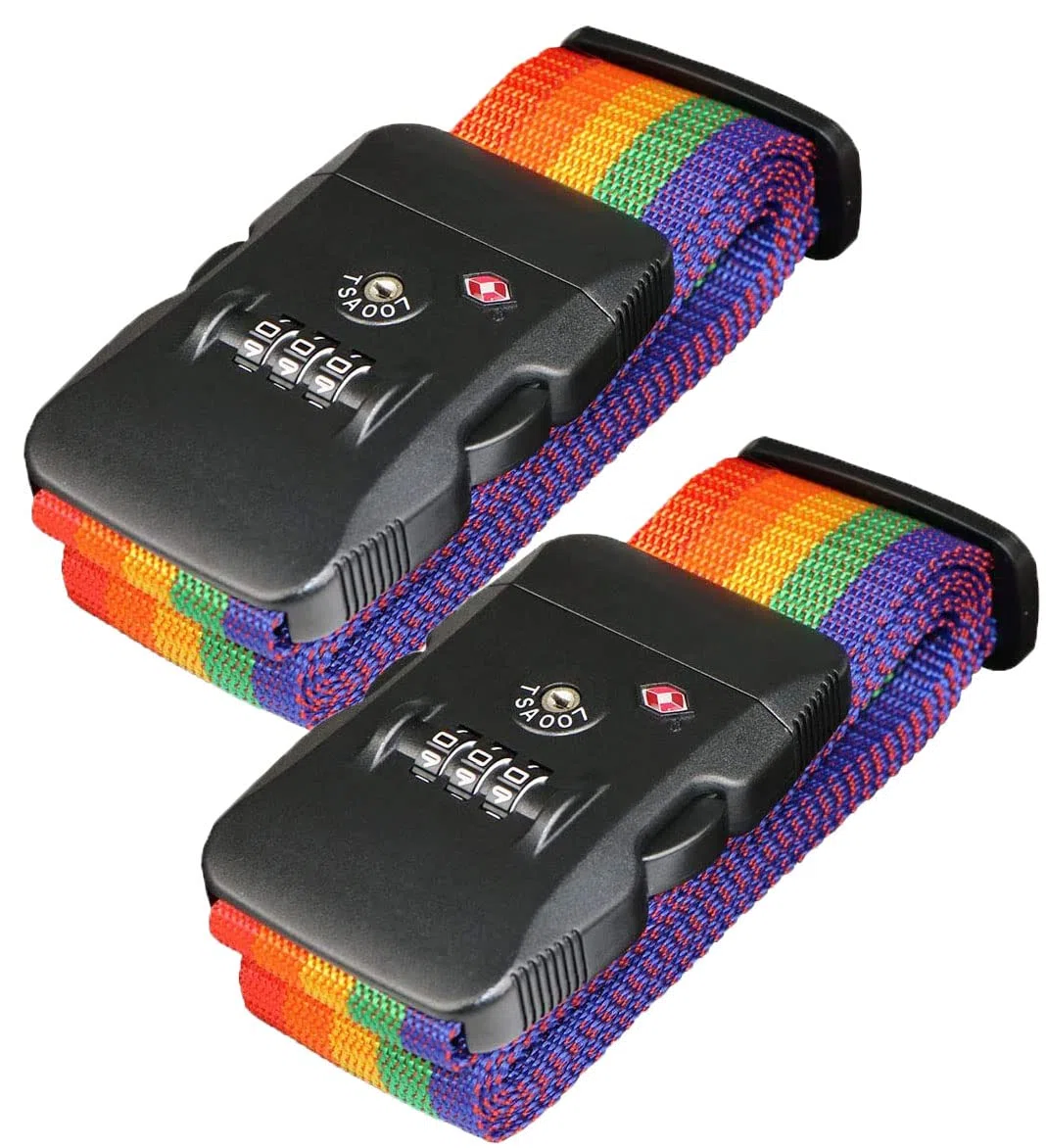 LS001-RB 2P - Cinghia regolabile per bagagli da viaggio, con lucchetto a combinazione TSA, confezione da 2, 2 pezzi, colore: arcobaleno