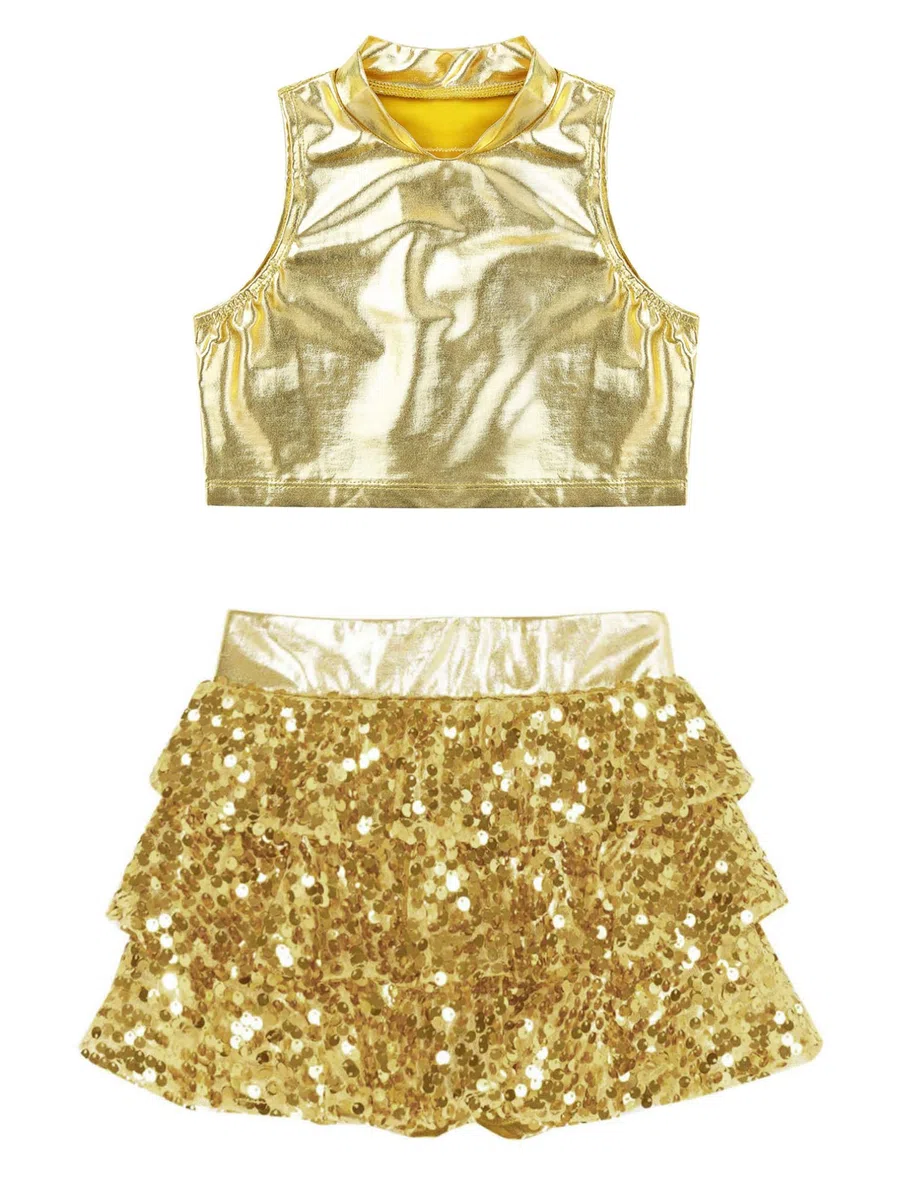 Agoky Tuta Danza Lucido Costume da Danza Bambina Ragazza Completi 2 Pezzi Crop Top a Manica Lunga Pantaloncini Gonna Culottes Tuta da Ballo Jazz Competiizione Dancewear C Oro 9-10 anni
