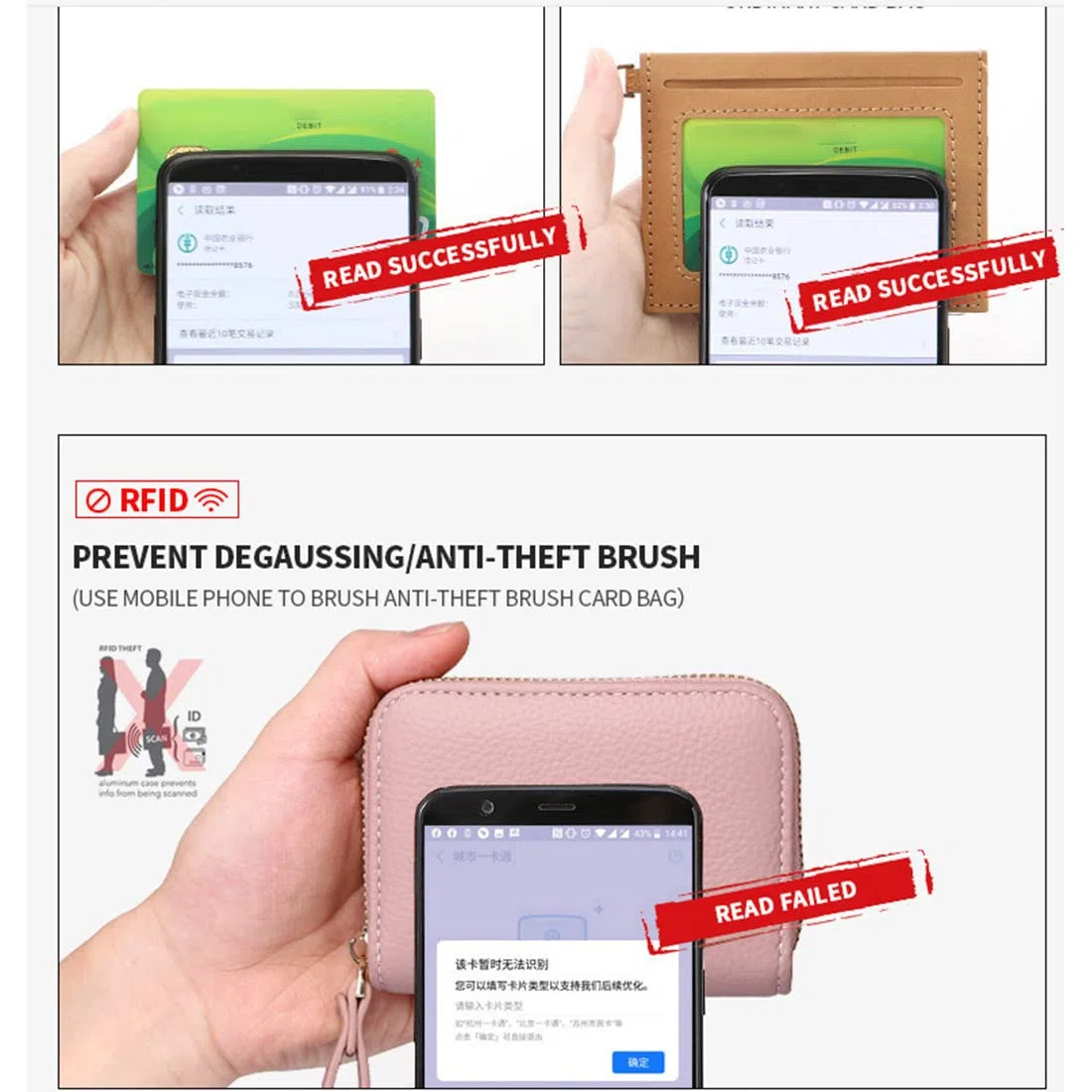 Porta carte di credito in pelle con blocco RFID, per carte di credito e banconote, con chiusura a zip in acciaio inox - Rosa