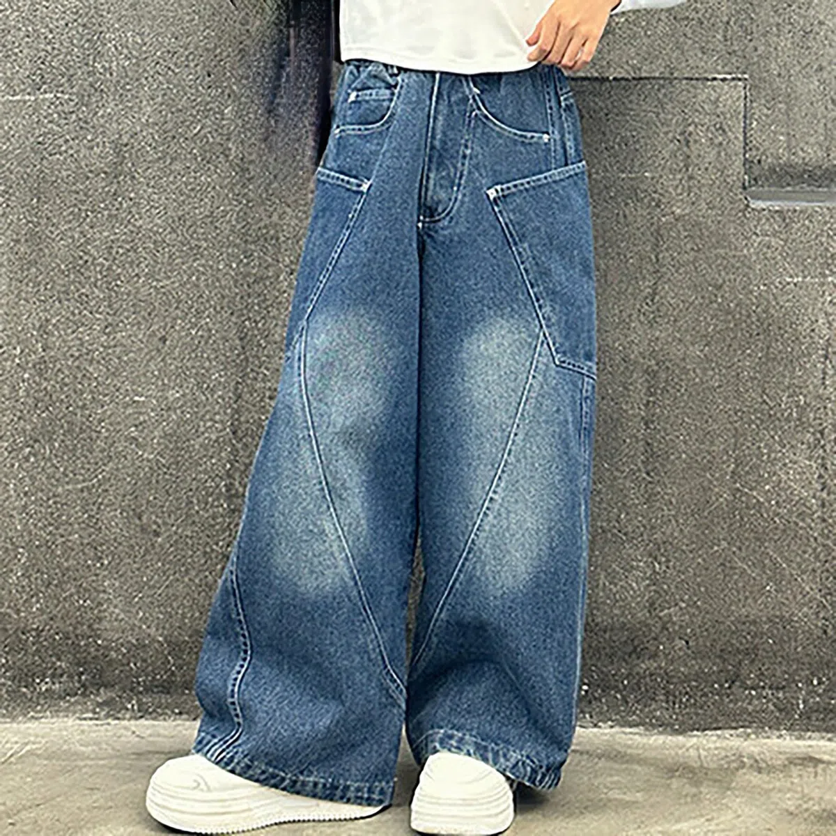 Bambini Ragazze Baggy Cargo Jeans Y2K Streetwear con Tasche Teen Girls Jeans a Gamba Larga Elastico in Vita Pantaloni Denim Vintage Flared Pantaloni della tuta Preppy Vestiti