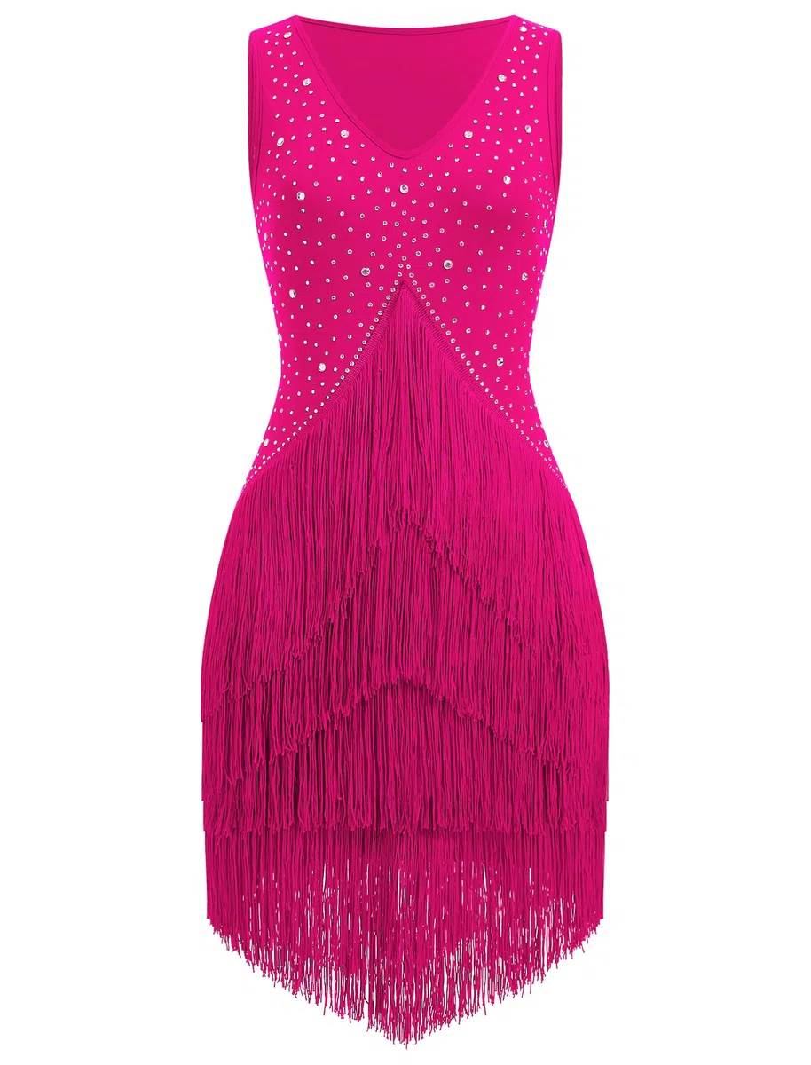 Abito da donna per salsa latina, stile vintage, anni '20, senza maniche, con strass, con frange, gatsby, cocktail, ballroom, tangos cha rumba