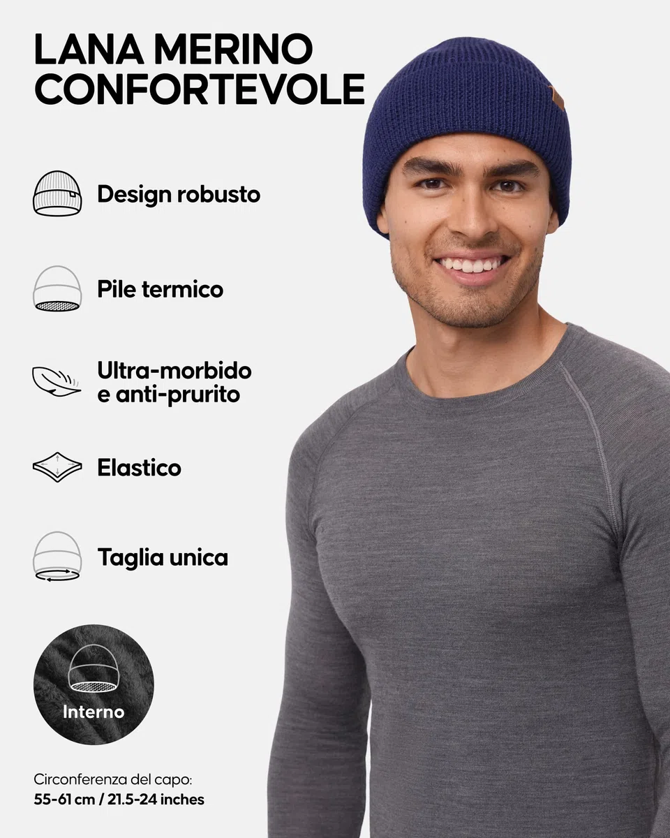 DANISH ENDURANCE Berretto Beanie in Lana Merino con Fodera in Pile, Berretto a Maglia, Berretto Invernale Uomo e Donna