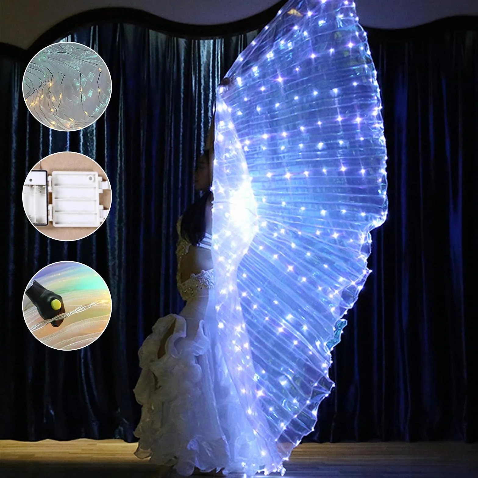Ali a LED, luci a LED per danza del ventre, ali colorate a LED a forma di farfalla con bastoncini telescopici, per travestimenti, abbigliamento per carnevale, palcoscenico, Halloween, Natale (adulti,