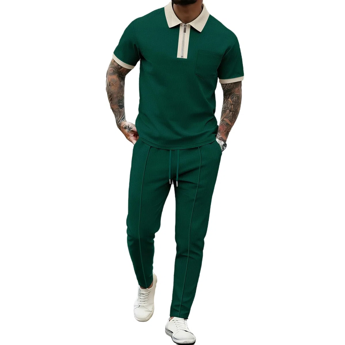 Completo da passeggio da uomo, 2 pezzi, maglietta a maniche corte, pantaloni lunghi, top e pantaloni