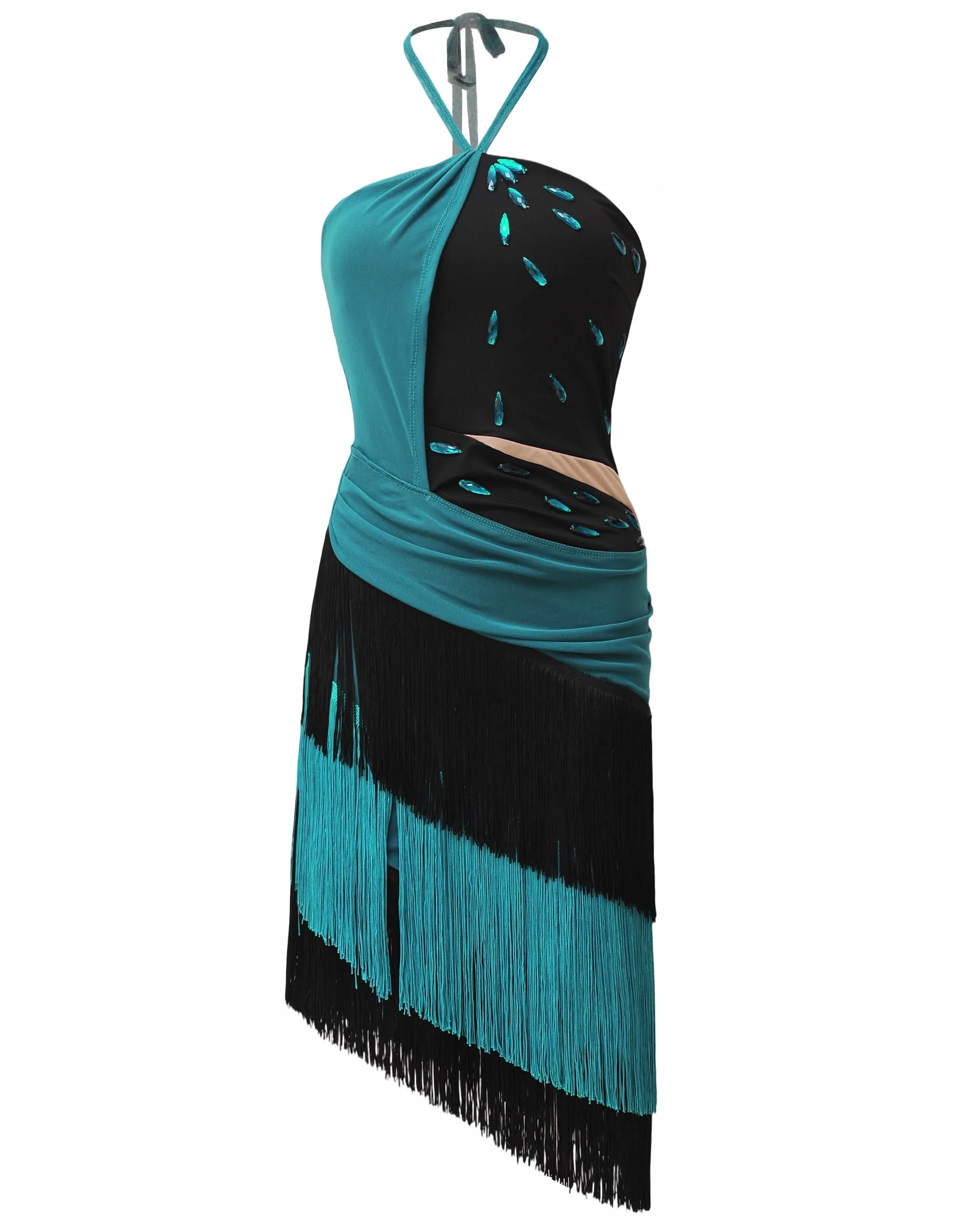 ROYAL SMEELA Abito da Danza Latino con Collo Halter,Vestito da Ballo Latino con Frange,Vestito Ballo Salsa Donna con Strass,Abiti Danza Tango Samba Rumba in Blu