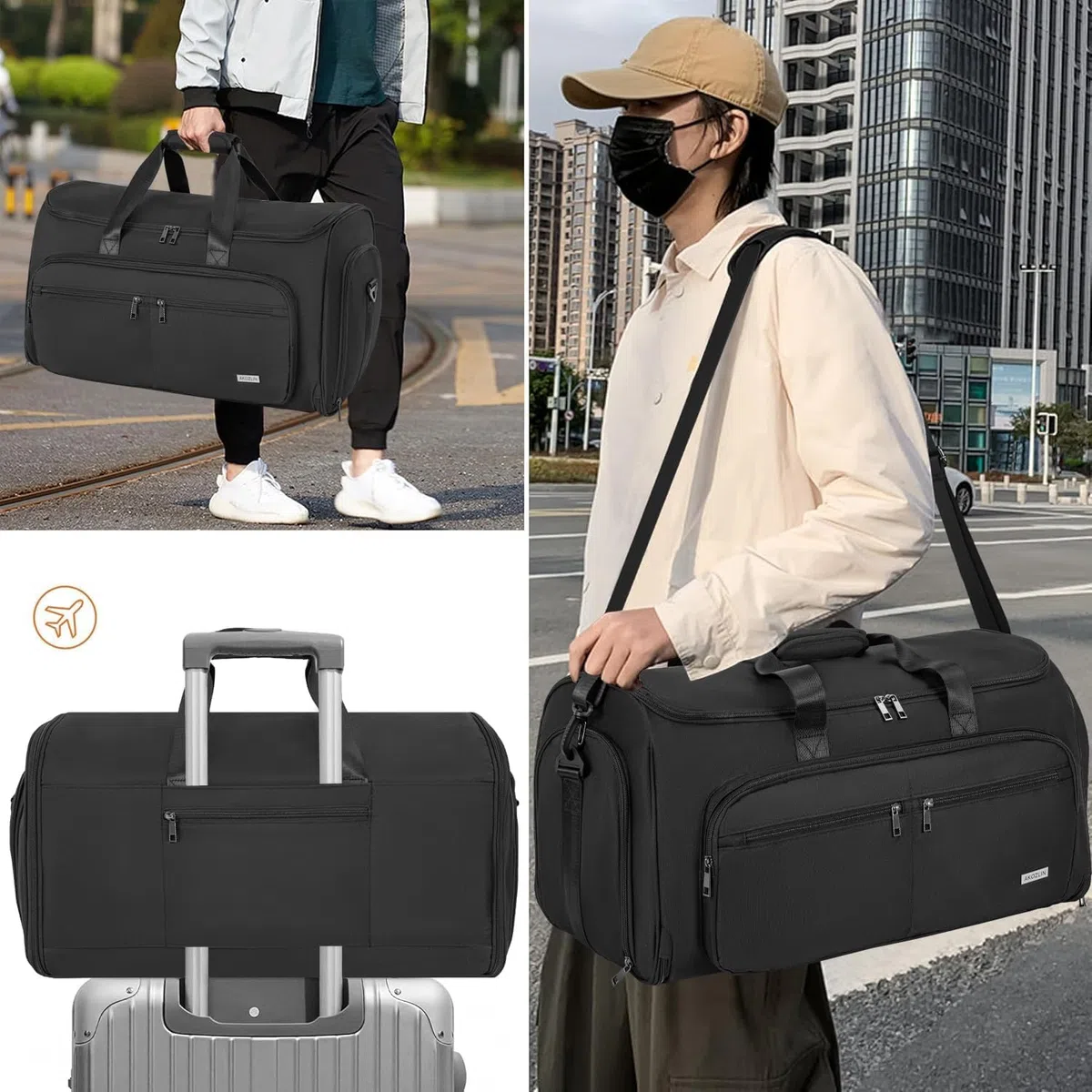 Borsa da viaggio pieghevole da appendere per viaggi d'affari, valigetta da ufficio con tracolla per uomo, nero, Nero , With Inner Pockets