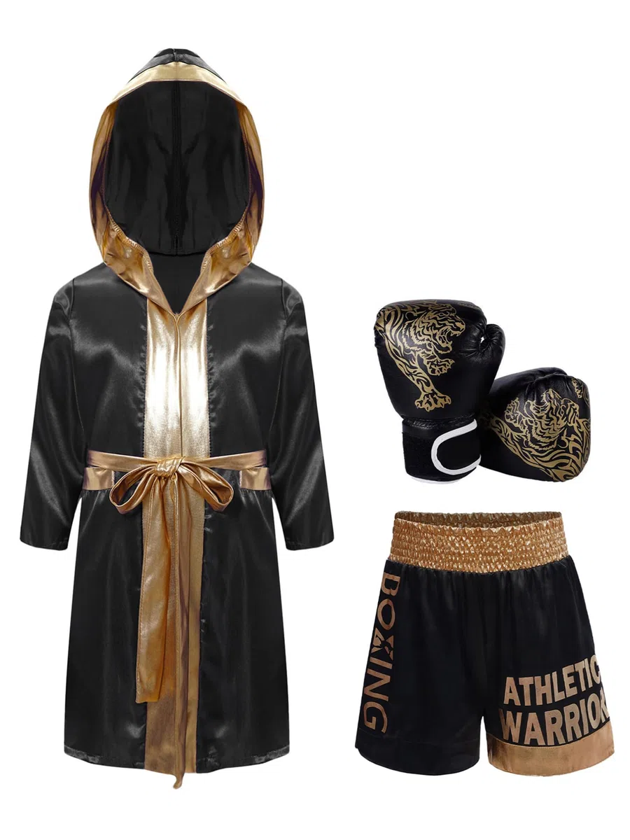 TiaoBug Abbigliamento Muay Thai Kickboxing Arti Marziali Bambino e Ragazzo Completo da Allenamento da Pugile Pantaloncini Kick-Thai + Accappatoio da Boxe + Guanti