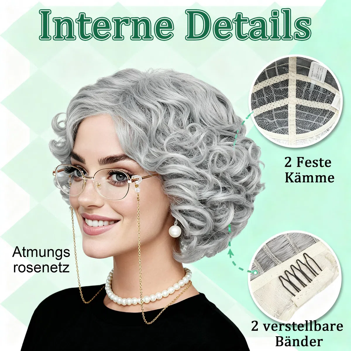 Set di 8 parrucche vecchie da donna, accessori per cosplay, collana di perle sintetiche e collane per occhiali, per Halloween, festa del libro del mondo, in maschera, carnevale