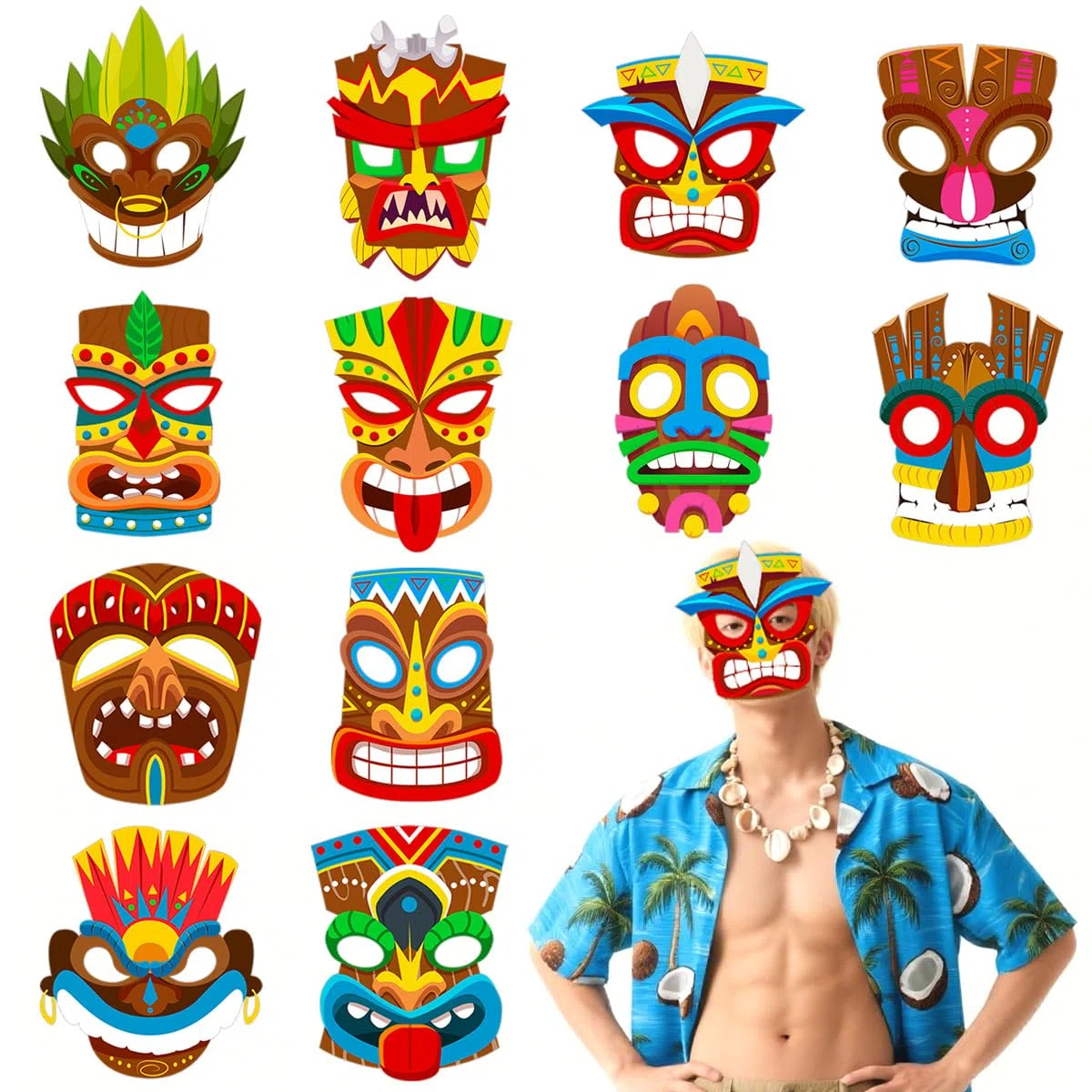 Set di 12 Maschere Tiki per Feste Hawaiane - Maschere Polinesiane Tropicali per Luau, Carnevale, Halloween, Feste in Spiaggia e Costumi